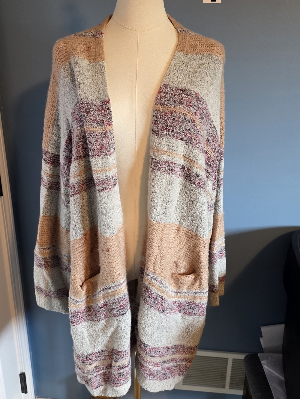 Knox Rose Cream, Tan & Mauve Striped Open-Front Cardigan